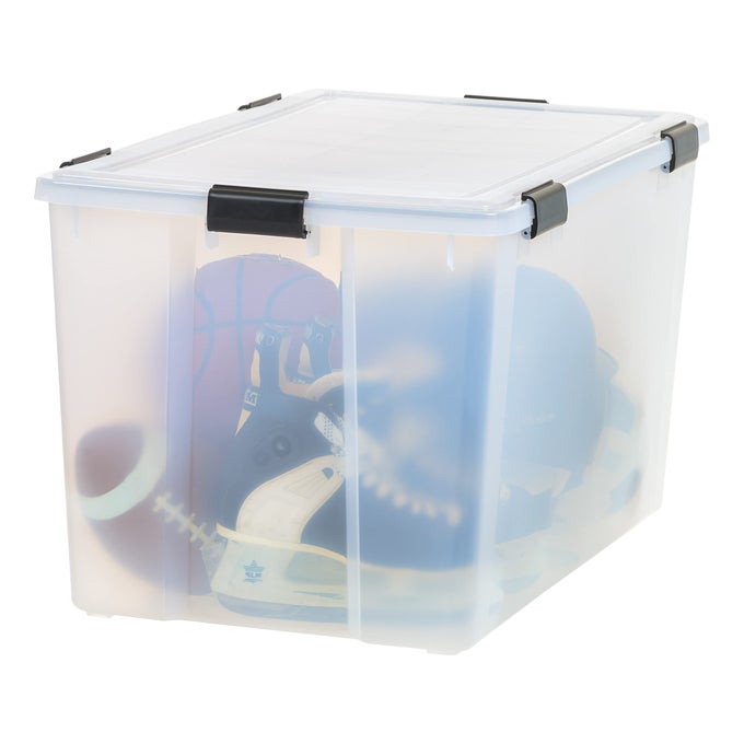 USA 156 QT STORAGE BOX WITH GASKET SEAL LID BPAFREE MADE IN USA HEAVY DUTY MOVING CONTAINERS WITH TIGHT LATCH WEATHER PROOF TOTE BIN WEATHERPRO CLEARBLACK