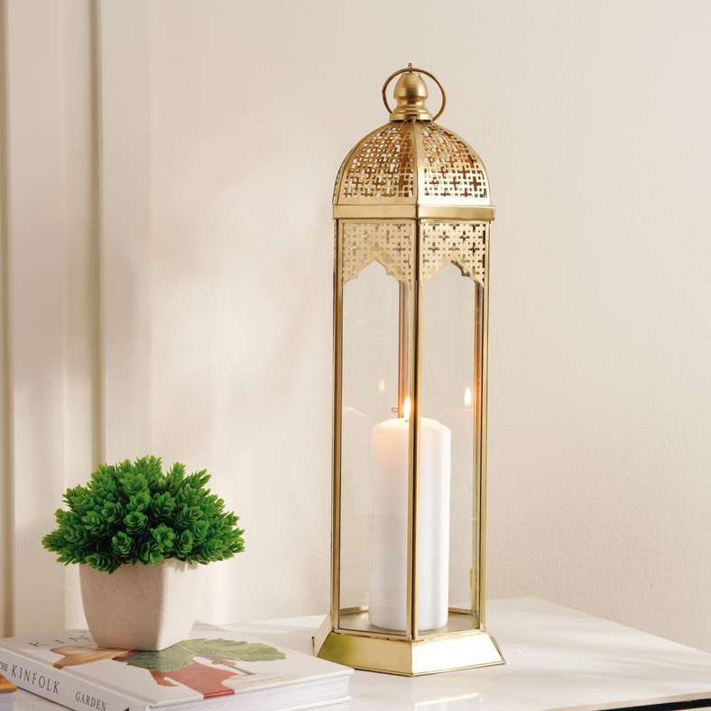 Manara Metal Lantern with Clear Glass 19x16x51cm - Gold - 112EEP9900021