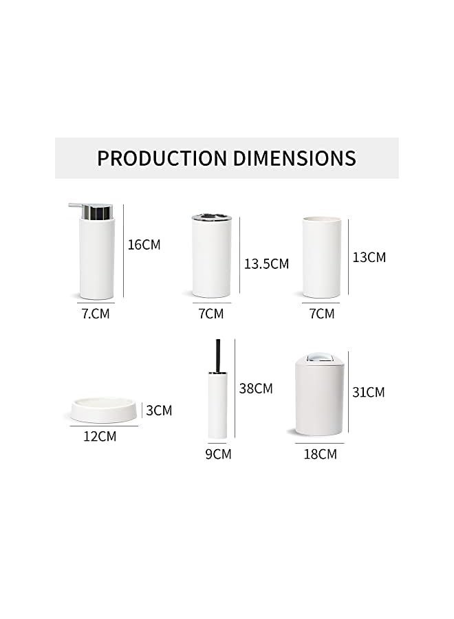 Accessories Set, 6 Piece Bath Ensemble Includes, Toothbrush Holder, Toothbrush Cup, Soap Dispenser, Soap Dish, Toilet Brush Holder, Trash Can. (White)  - Image 3