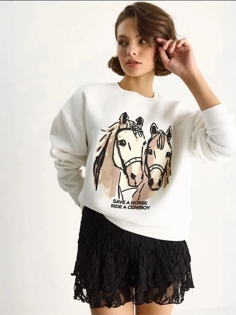 Bianco Lucci White LUCCI Relaxed Fit Printed Sweatshirt with Back Print for Women | Best Price UAE