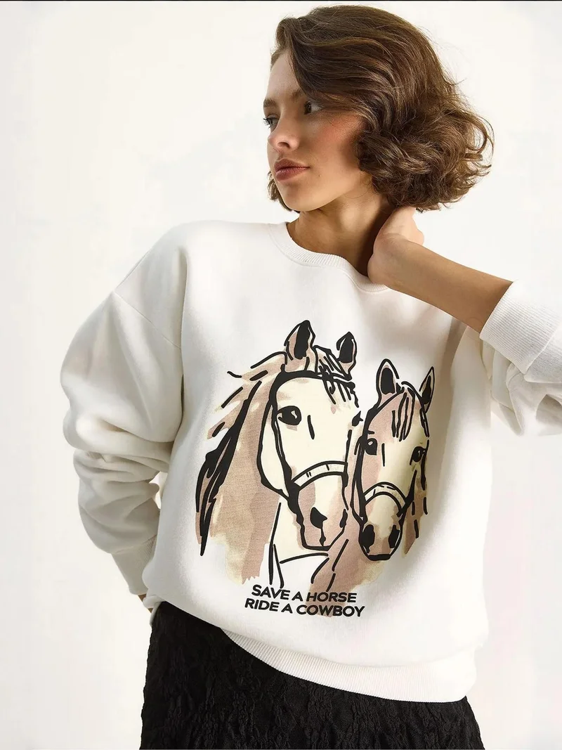 Bianco Lucci White LUCCI Relaxed Fit Printed Sweatshirt with Back Print for Women | Best Price UAE