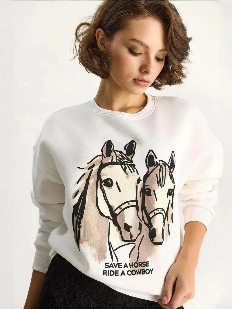 Bianco Lucci White LUCCI Relaxed Fit Printed Sweatshirt with Back Print for Women | Best Price UAE