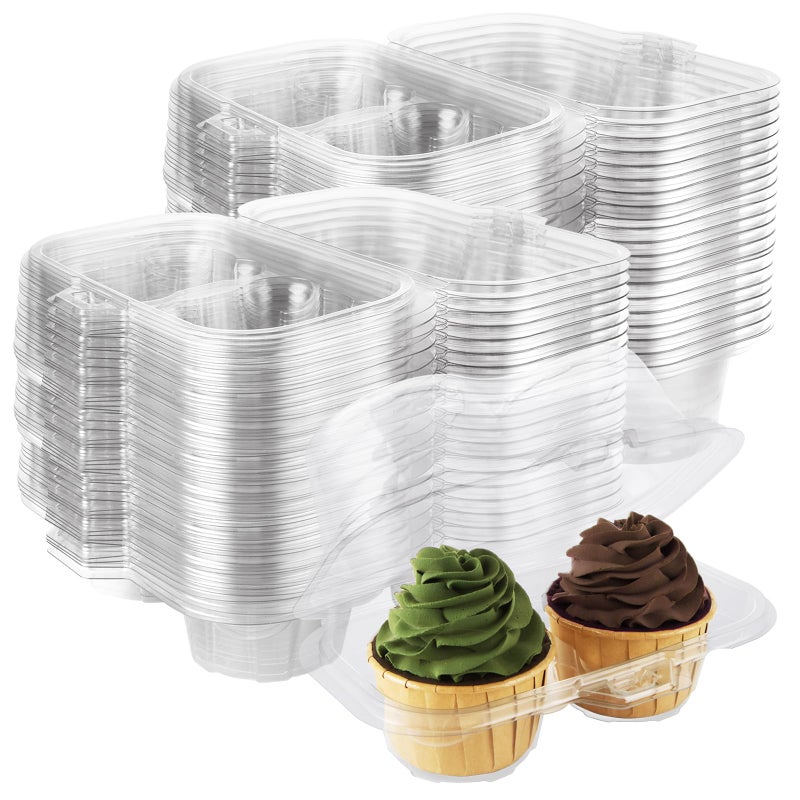 GBACHOOSE 100PCS 2 Compartment Clear Cupcake Containers, Plastic Cupcake Holders 2 Cavity Stackable Deep Dome Clear Cupcake Holders, Cupcake Carrier for Cake Store and Bakery - Image 1