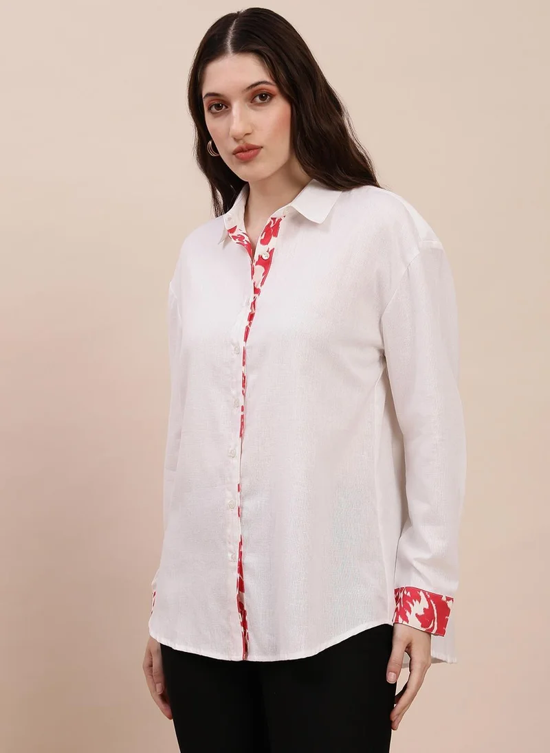 globus Globus Women's Off White Casual Shirt with Spread Collar and Long Cuff Sleeves