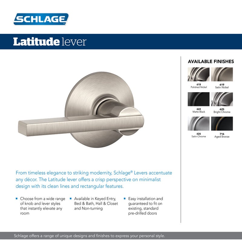Schlage F40 LAT 625 Latitude Door Lever, Bed & Bath Privacy Lock, Bright Chrome - Image 2