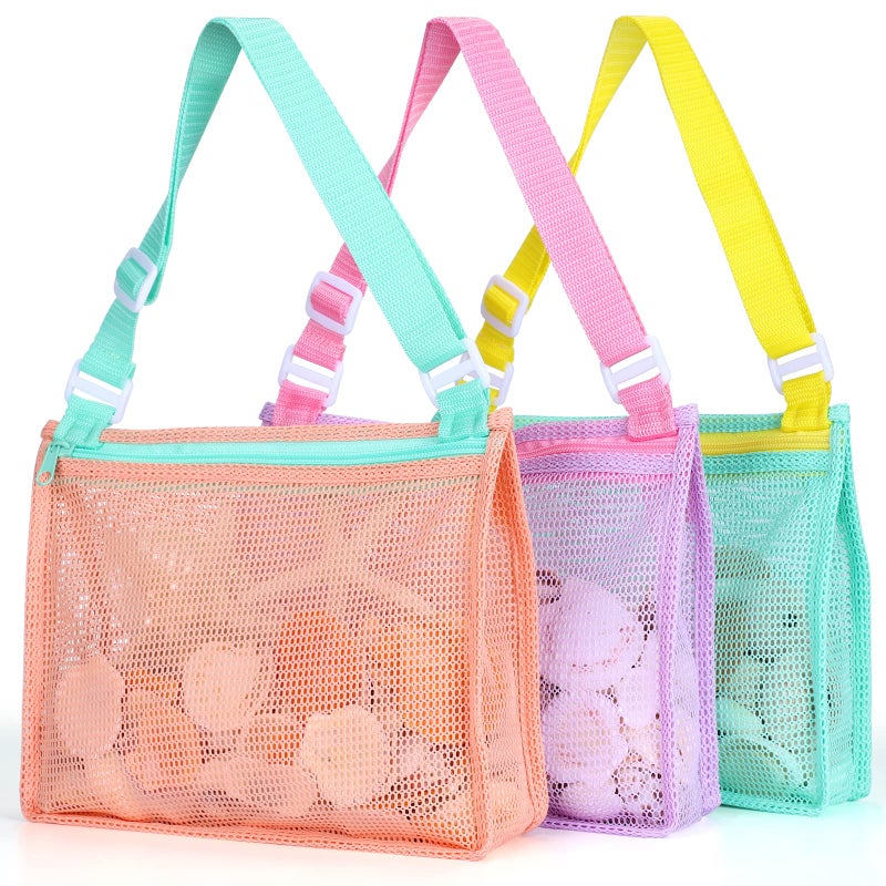 Tagitary Beach Toy Mesh Beach Bag Kids Shell Collecting Bag Beach Sand Toy Shells Beach Toys Swimming Accessories for Boys and GirlsOnly BagsA Set of 3
