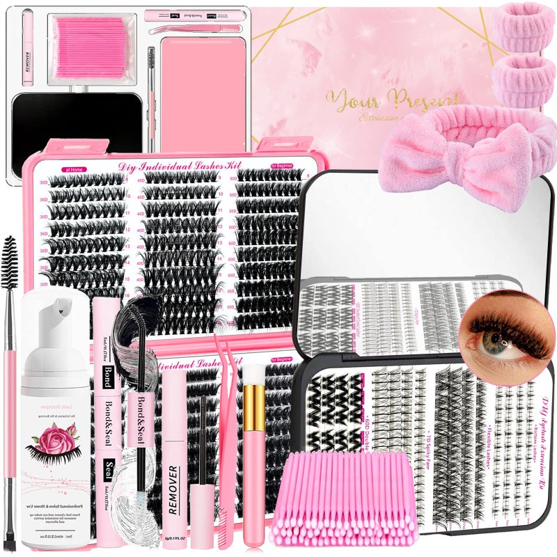 QUKLOGEN DIY Lash Extension Kit 802Pcs with Bottom Lashes Lash Bond and Seal,Quick Glue Remover Lash Shampoo Cleansing Brush Headband Wristband Tweezers Eyelash Brush Mini Applicato - Image 1