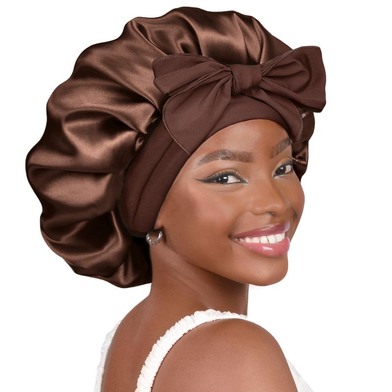 YANIBEST Silk Bonnet for Sleeping Women Adjustable Double Layer Satin Bonnet Reduce Friction Prevent Frizz Natural Curly Hair, Brown - Image 1