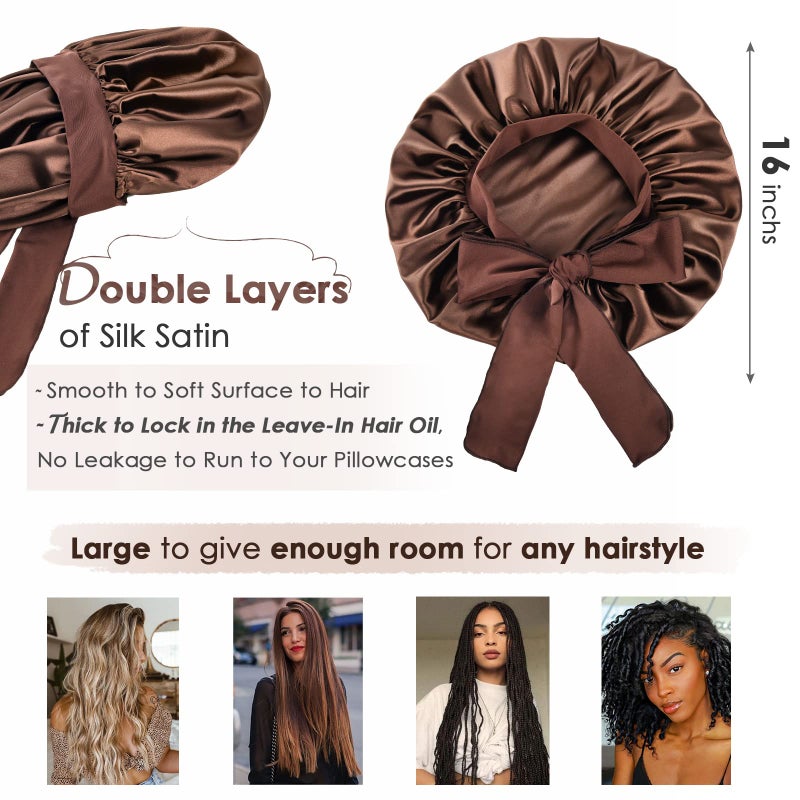 YANIBEST Silk Bonnet for Sleeping Women Adjustable Double Layer Satin Bonnet Reduce Friction Prevent Frizz Natural Curly Hair, Brown - Image 2