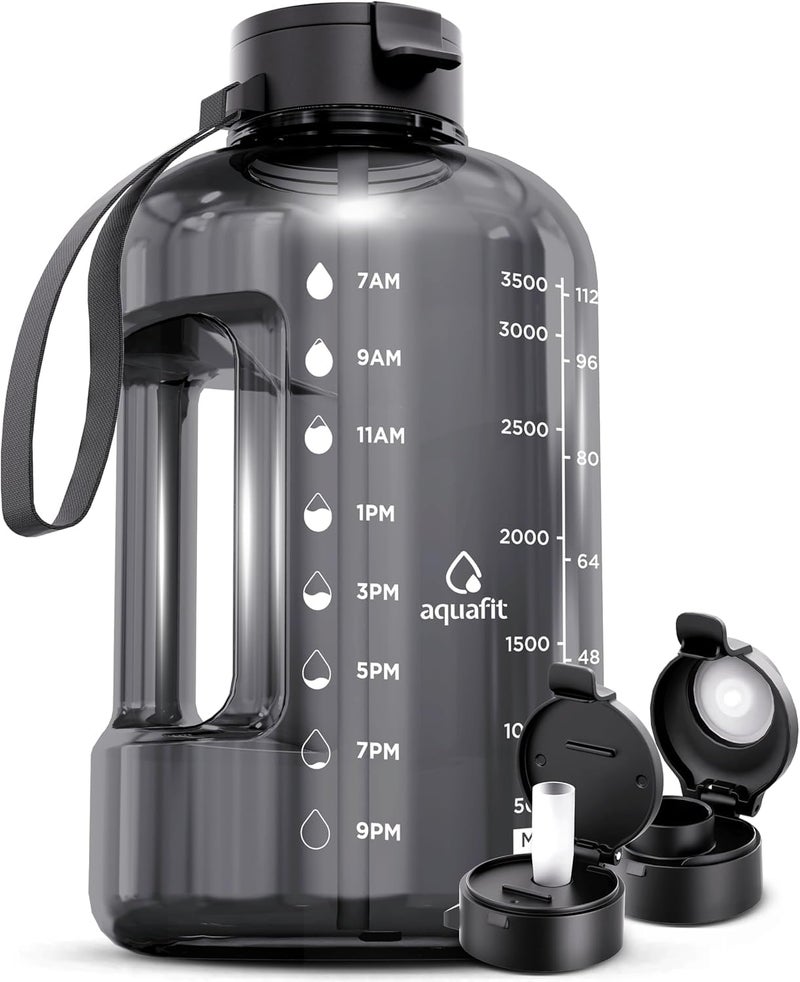 AQUAFIT 1 Gallon Water Bottle with Time Marker Straw Chug Lid BPA Free Gym Water Bottle with Straw Big Gallon Jug Gray 128 oz 2 Lids