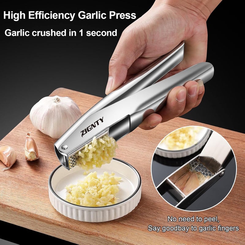 ZIGNTY Garlic Press Stainless Steel, Professional Mincer No Need to Peel, Large Trough Presser Ergonomic Handle Easy Squeeze, Ginger Crusher & Masher Dishwasher Safe Rust Proof - Image 3