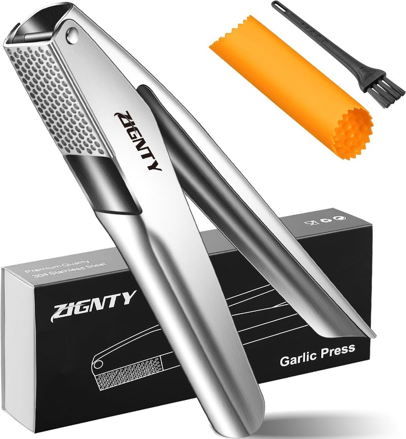 ZIGNTY Garlic Press Stainless Steel, Professional Mincer No Need to Peel, Large Trough Presser Ergonomic Handle Easy Squeeze, Ginger Crusher & Masher Dishwasher Safe Rust Proof - Image 1
