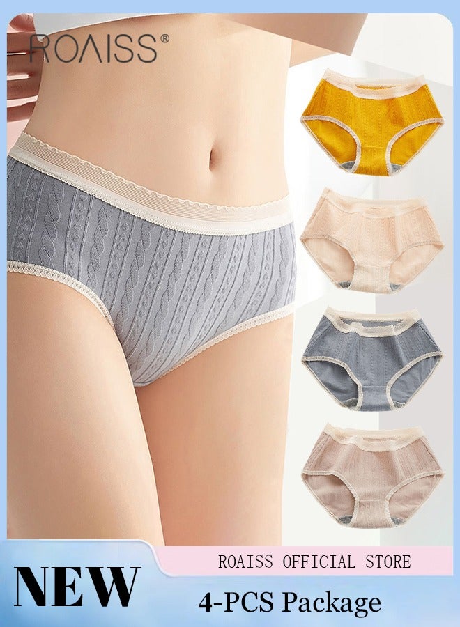roaiss 4 Piece Breifs Set Womens Cotton Mid-rise Stretch Panties Underwear Ladies Lace Stripe Panties Ladies Cotton Breathable Inner Leggings Women's Comfort Fit Briefs  - Image 1