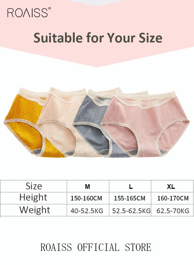 roaiss 4 Piece Breifs Set Womens Cotton Mid-rise Stretch Panties Underwear Ladies Lace Stripe Panties Ladies Cotton Breathable Inner Leggings Women's Comfort Fit Briefs  - Image 5