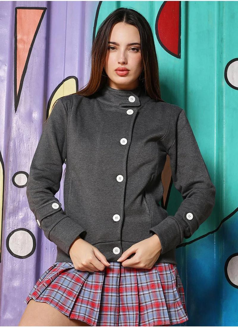 كامبوس سوترا Women's Charcoal Grey Solid Knit Jacket