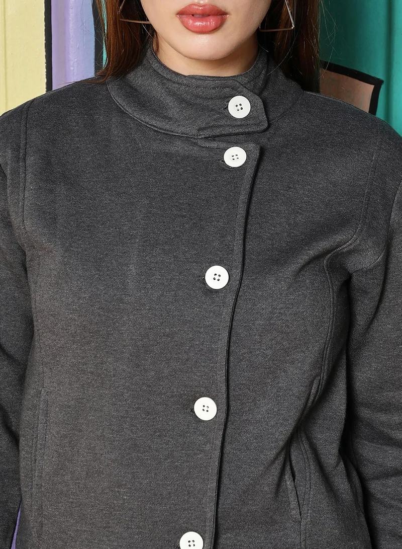 كامبوس سوترا Women's Charcoal Grey Solid Knit Jacket