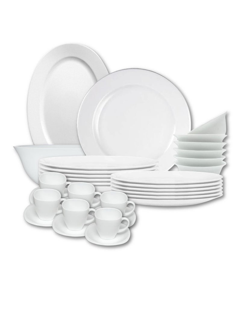 Houzi طقم عشاء هوزي 46 قطعة من الخزف الأوبال 8 أطباق عشاء 8 أطباق حلوى 8 أطباق شوربة 8 سلطانيات 8 أكواب 6 صحون و 2 وعاء تقديم 2 طبق تقديم آمن للاستخدام في الميكروويف خالي من BPA - Image 1