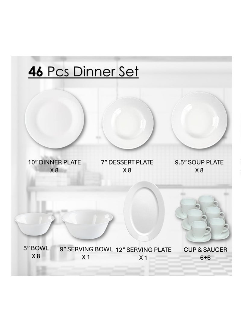 Houzi طقم عشاء هوزي 46 قطعة من الخزف الأوبال 8 أطباق عشاء 8 أطباق حلوى 8 أطباق شوربة 8 سلطانيات 8 أكواب 6 صحون و 2 وعاء تقديم 2 طبق تقديم آمن للاستخدام في الميكروويف خالي من BPA - Image 2