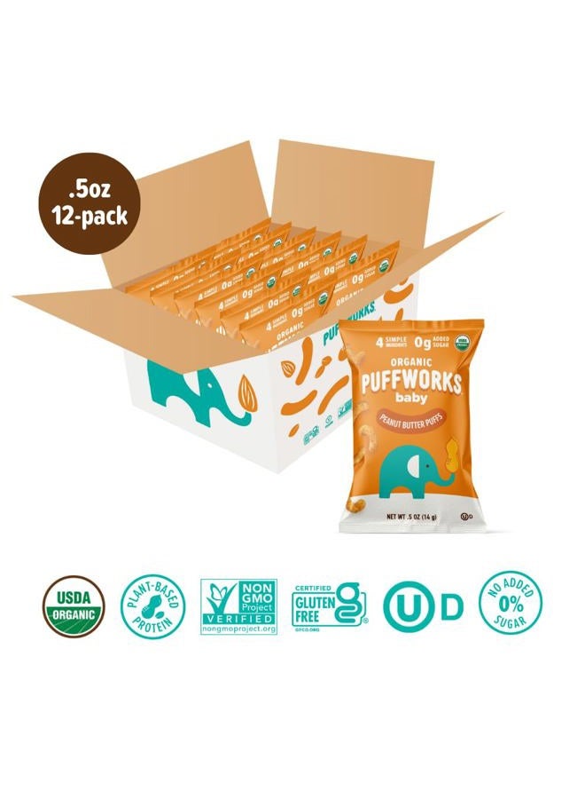 PUFFWORKS Baby Organic Peanut Butter Puffs, Perfect for Early Peanut Introduction, Plant-Based Protein, USDA Organic, Gluten-Free, Vegan, Non-GMO, Kosher, 0.5 Ounce (Pack of 12) - Image 3