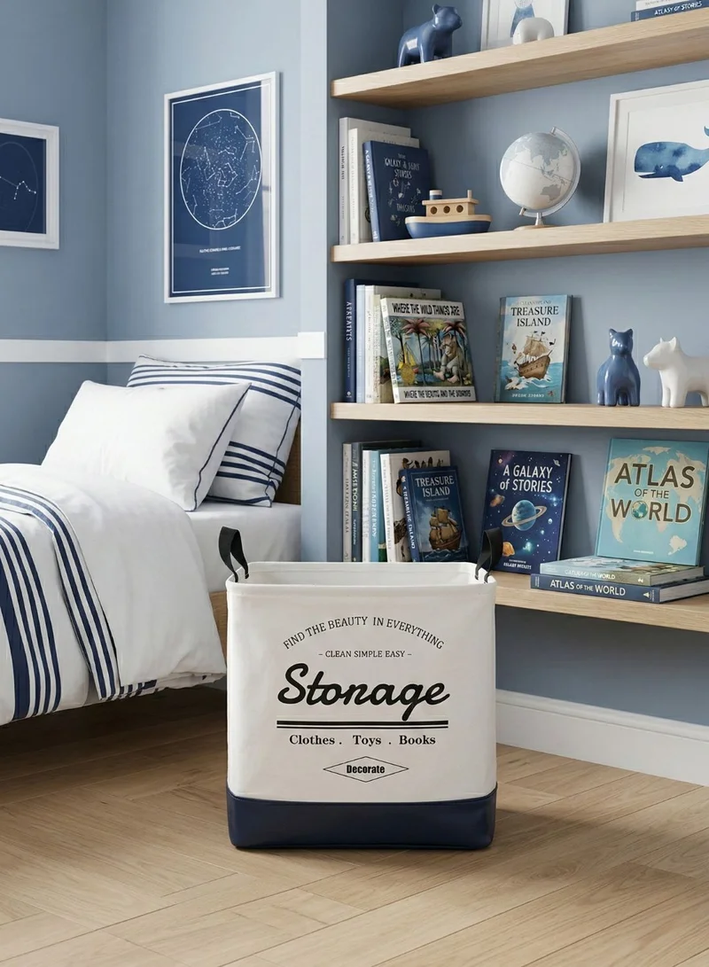 1 تشيس سلة غسيل مربعة قابلة للطي سعة 40 لتر بقاعدة جلدية - سلة تخزين قماشية بمقابض (أبيض/أزرق)