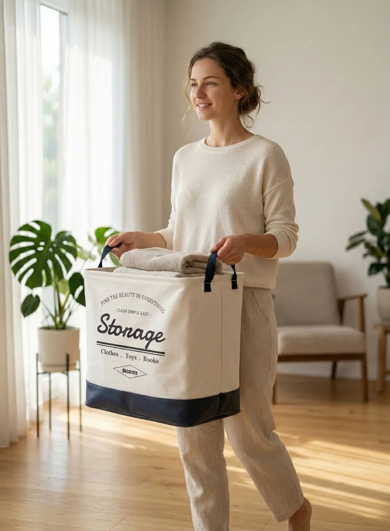 1Chase White/Blue Foldable Square Laundry Basket 40L with Leather Base – Fabric Storage Hamper with Handles (White/Blue)  | Best Price UAE