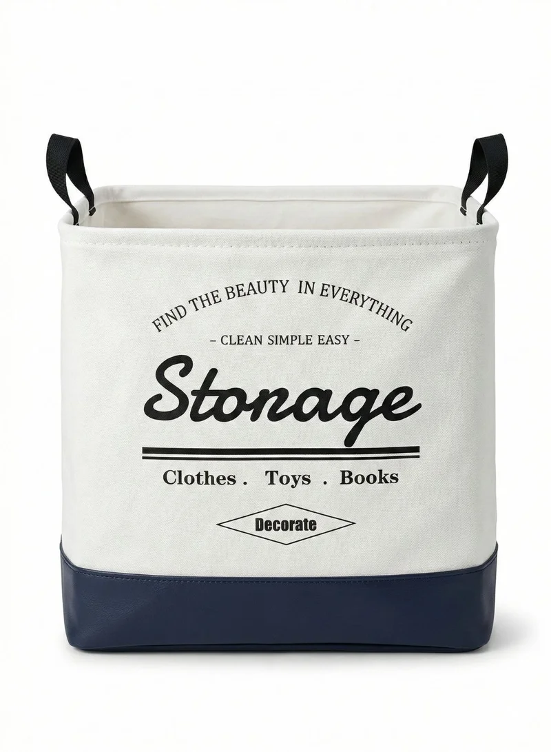 1 تشيس سلة غسيل مربعة قابلة للطي سعة 40 لتر بقاعدة جلدية - سلة تخزين قماشية بمقابض (أبيض/أزرق)