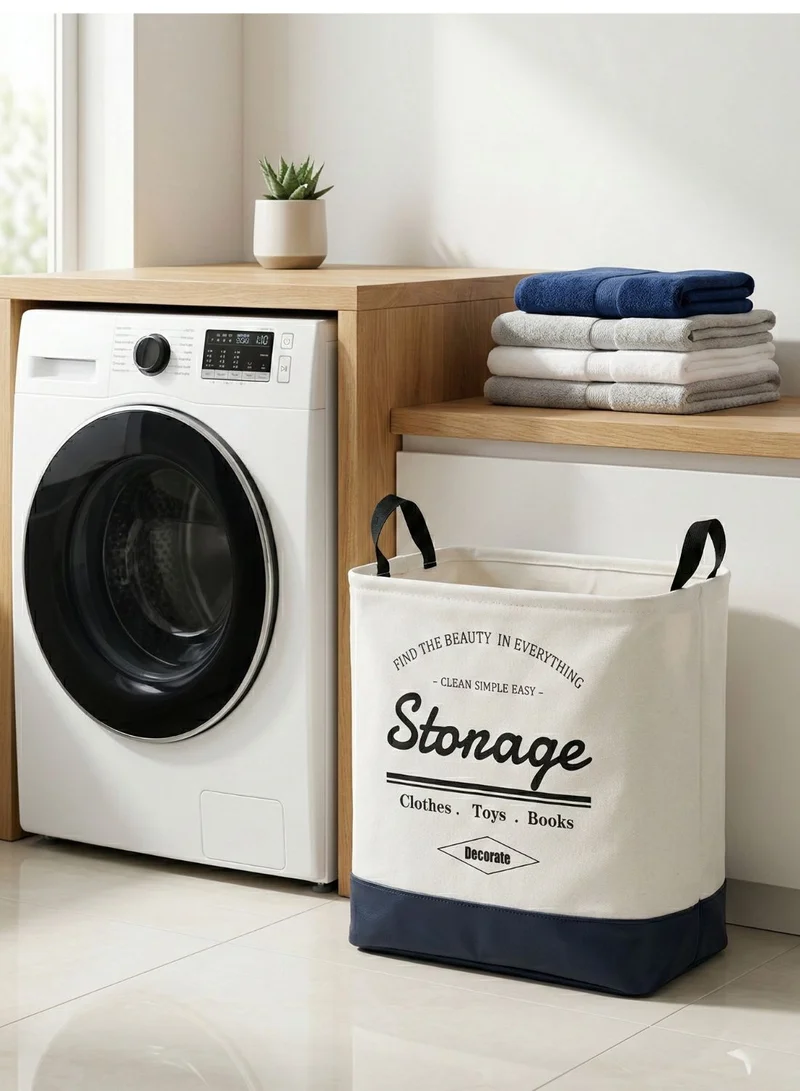 1Chase White/Blue Foldable Square Laundry Basket 40L with Leather Base – Fabric Storage Hamper with Handles (White/Blue)  | Best Price UAE