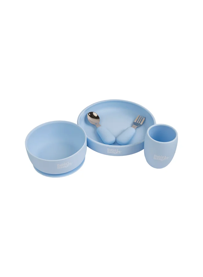 Babies Basic 5 Pc Set With Silicone Plate, Bowl, Cup And Stainless Steel Cutlery With Case - Blue