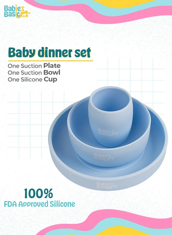 Babies Basic 5 Pc Set With Silicone Plate, Bowl, Cup And Stainless Steel Cutlery With Case - Blue