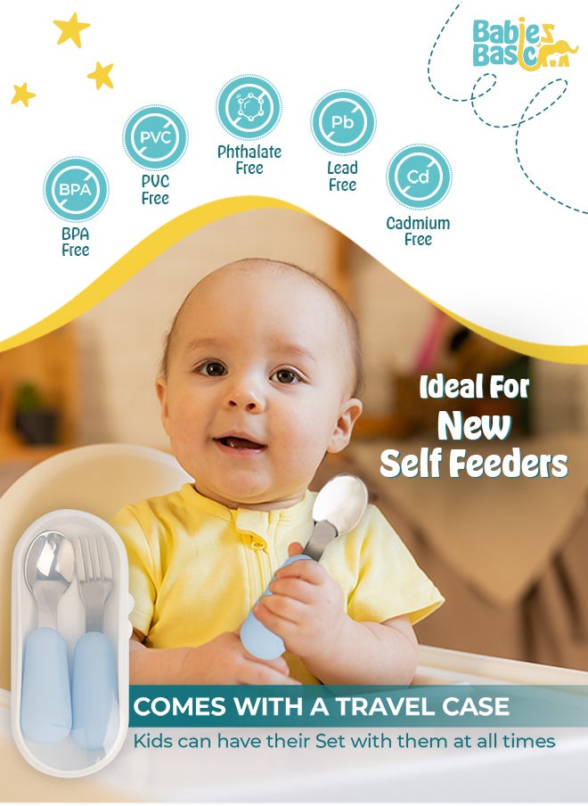 Babies Basic 5 Pc Set With Silicone Plate, Bowl, Cup And Stainless Steel Cutlery With Case - Blue  - Image 5