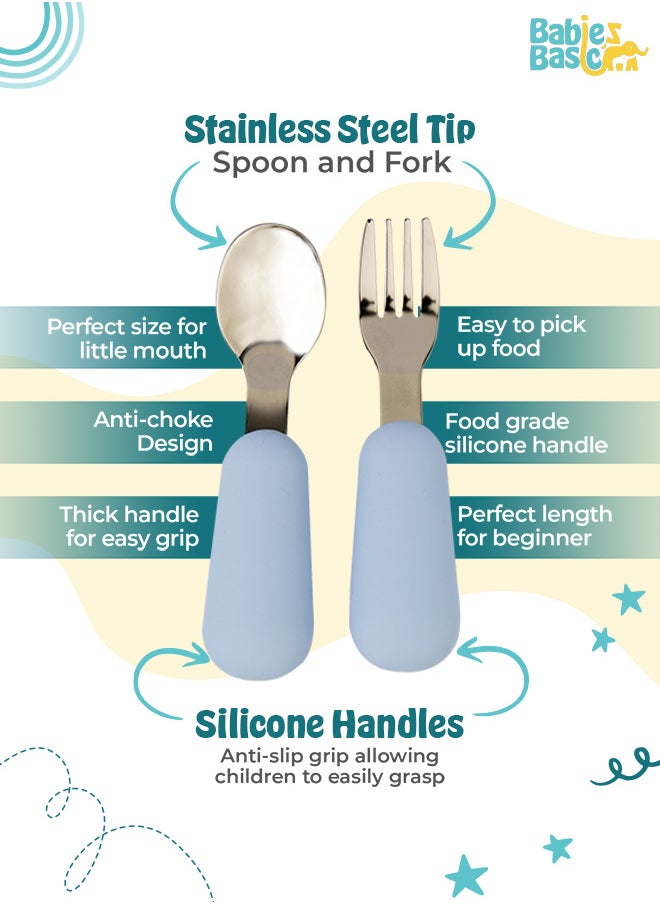 Babies Basic 5 Pc Set With Silicone Plate, Bowl, Cup And Stainless Steel Cutlery With Case - Blue  - Image 4