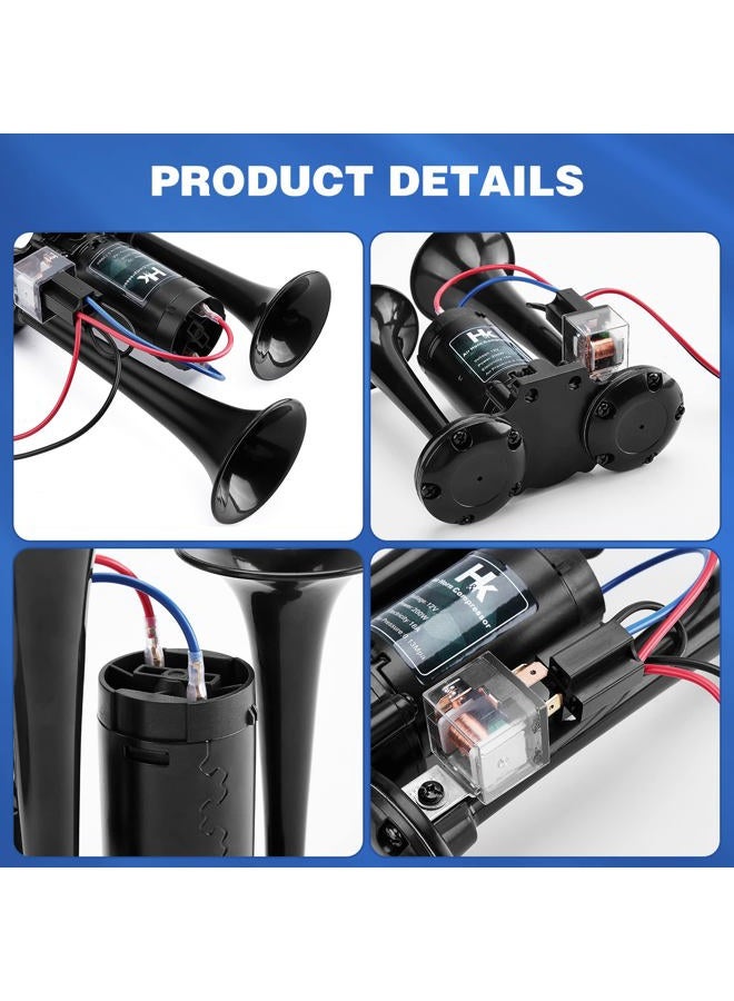 HK 12V 150db Air Horn for Truck, Super Loud Dual Trumpet Air Horn Kit with Compressor for Any 12V Vehicles Trucks Lorrys Trains Boats Cars Vans Kit (Black) - Image 2