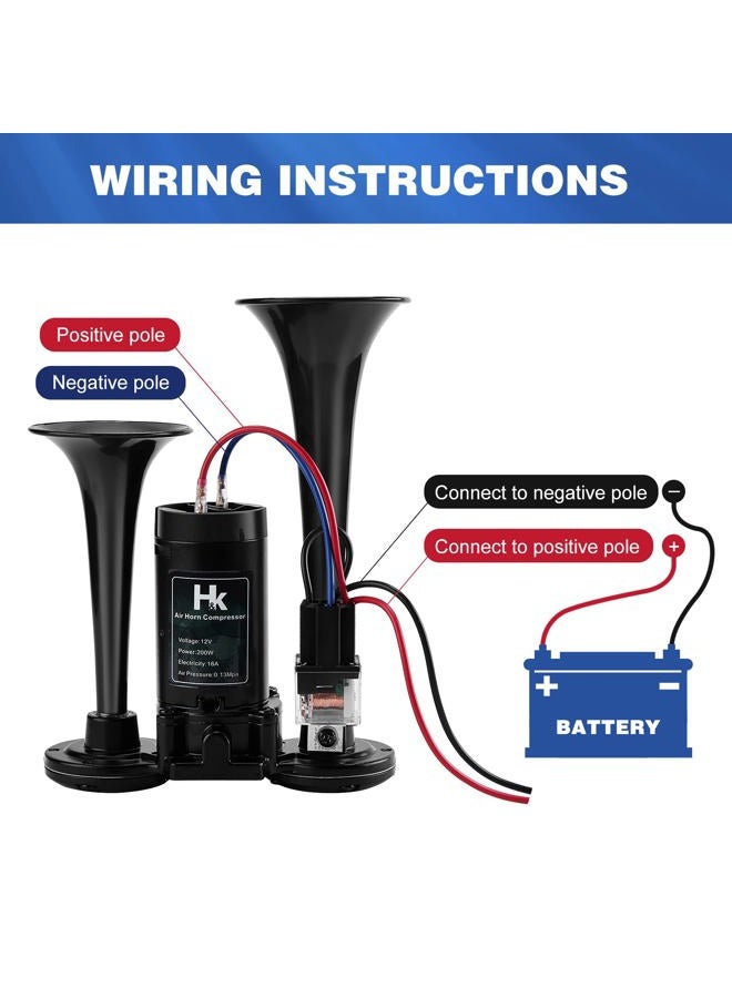 HK 12V 150db Air Horn for Truck, Super Loud Dual Trumpet Air Horn Kit with Compressor for Any 12V Vehicles Trucks Lorrys Trains Boats Cars Vans Kit (Black) - Image 5