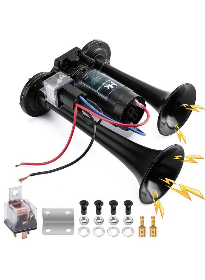 HK 12V 150db Air Horn for Truck, Super Loud Dual Trumpet Air Horn Kit with Compressor for Any 12V Vehicles Trucks Lorrys Trains Boats Cars Vans Kit (Black) - Image 1