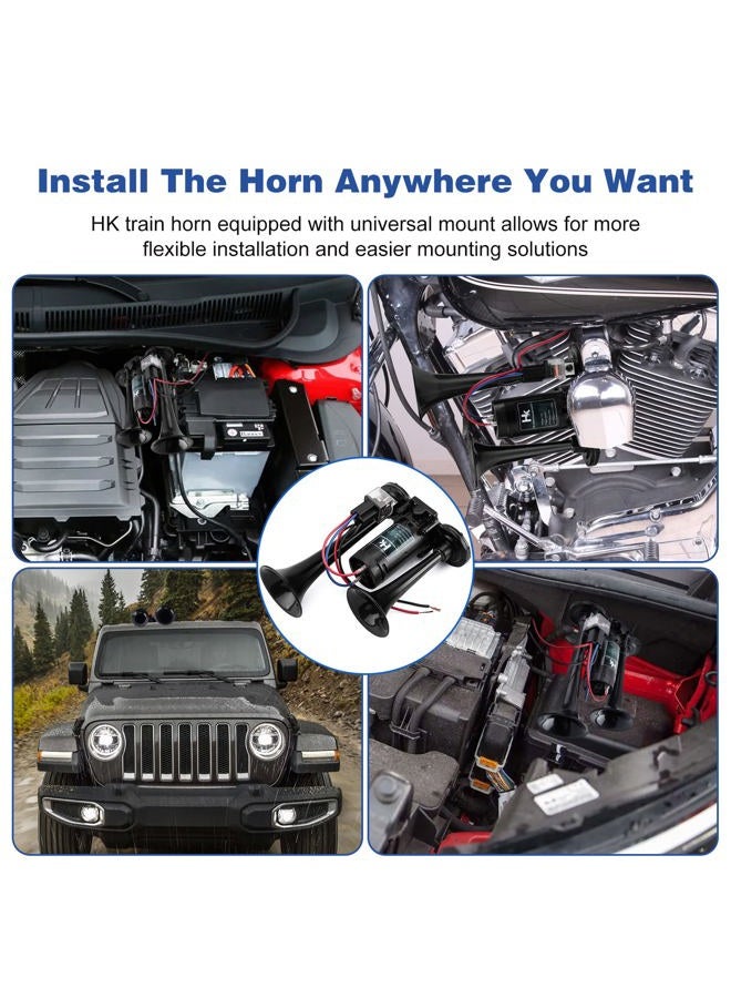 HK 12V 150db Air Horn for Truck, Super Loud Dual Trumpet Air Horn Kit with Compressor for Any 12V Vehicles Trucks Lorrys Trains Boats Cars Vans Kit (Black) - Image 3