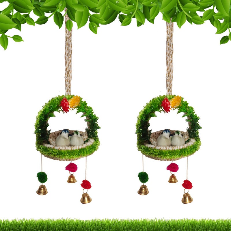 The Shine Store The Shine Store Home Dcor Artificial Hanging Jute Birds Nest with Bell for Balcony and Garden Green Combo