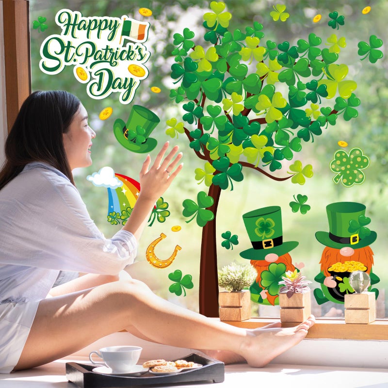 Whaline 6 Sheets St. Patrick's Day Window Clings Large Clover Tree Gnome Window Decals Double-Sided Green Shamrock Gold Coins Window Decor for Irish Party Home School Office - Image 3