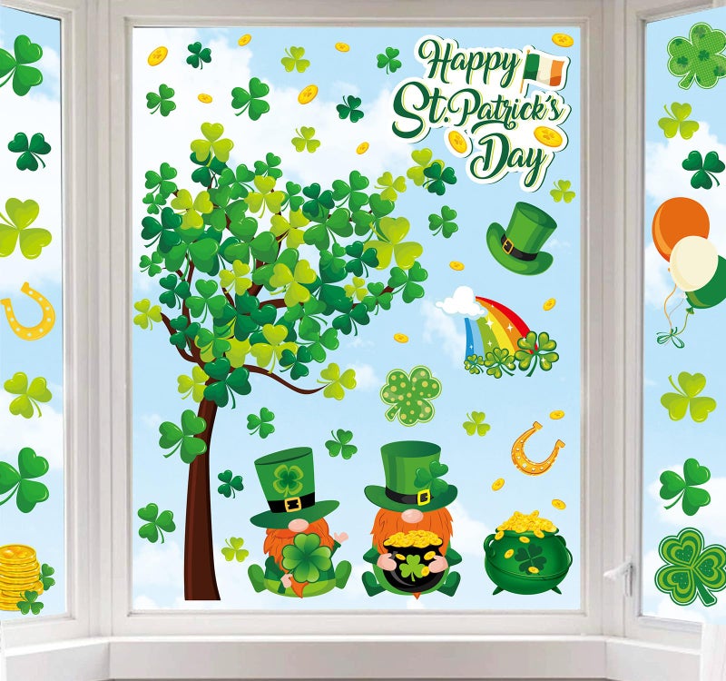 Whaline 6 Sheets St. Patrick's Day Window Clings Large Clover Tree Gnome Window Decals Double-Sided Green Shamrock Gold Coins Window Decor for Irish Party Home School Office - Image 1