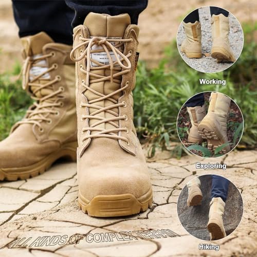 IODSON Men's Military Tactical Work Boots with Side Zipper, Puncture Resistant, Desert Combat, Army Jungle, 8 Inch Lightweight Hiking Boots Beige US 8.5 - Image 5