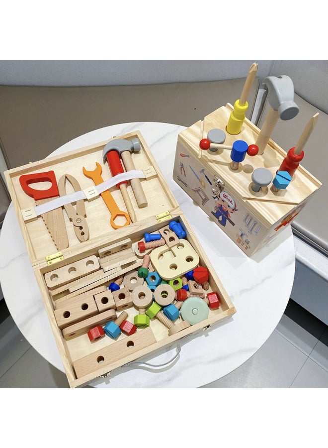 Baby's Hand-carrying Simulation Repair Tool Storage Box Screw Nut Disassembly Tapping Table Concentration Toy Wooden-Specifications:FB-wood Color Toolbox (drawing Board) - Image 2