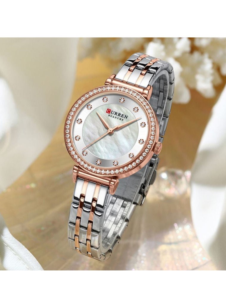 CURREN ساعة يد نسائية جديدة من CURREN كوارتز فضية وردية اللون مع مينا صدفية بسوار من الفولاذ المقاوم للصدأ للنساء ساعة فاخرة مرصعة بأحجار الراين 9087 - Image 1