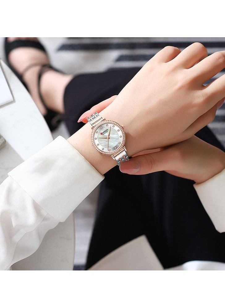 CURREN ساعة يد نسائية جديدة من CURREN كوارتز فضية وردية اللون مع مينا صدفية بسوار من الفولاذ المقاوم للصدأ للنساء ساعة فاخرة مرصعة بأحجار الراين 9087 - Image 3