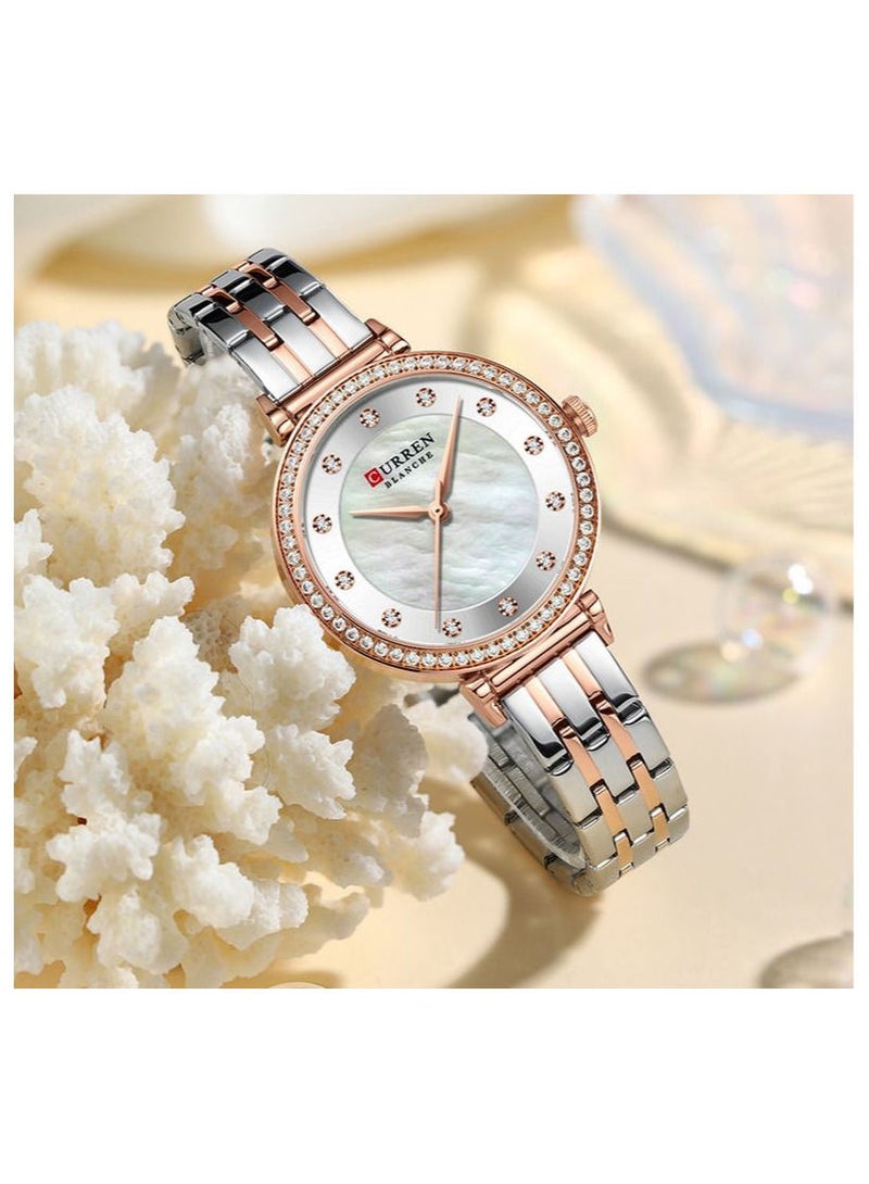 CURREN ساعة يد نسائية جديدة من CURREN كوارتز فضية وردية اللون مع مينا صدفية بسوار من الفولاذ المقاوم للصدأ للنساء ساعة فاخرة مرصعة بأحجار الراين 9087 - Image 2