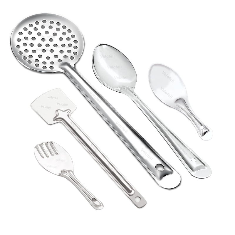 Velofeil Set of 5 Stainless Steel Kitchen Tools 235cm Panja Plain Rice Spoon 285cm Large Pan Spoon 36cm Skimmer Jhara 305cm Turner Spatula Ideal for Cooking Serving - Image 1