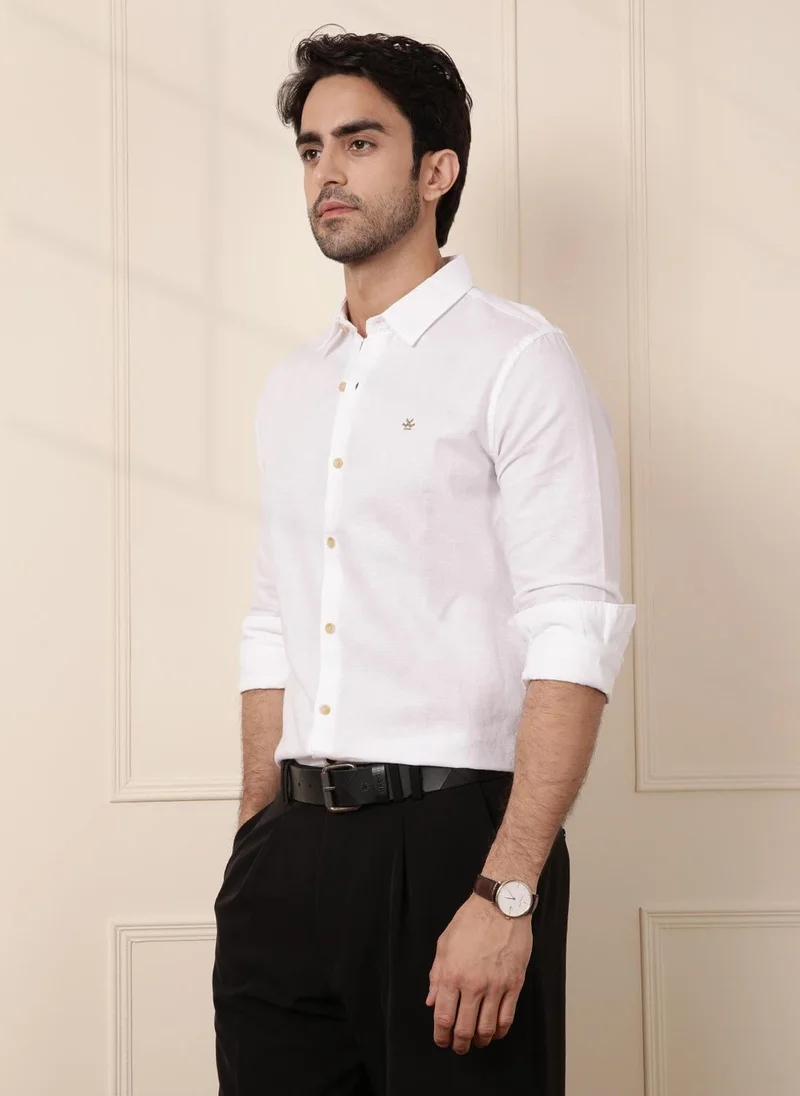 روجن Solid Linen Blend Shirt | White