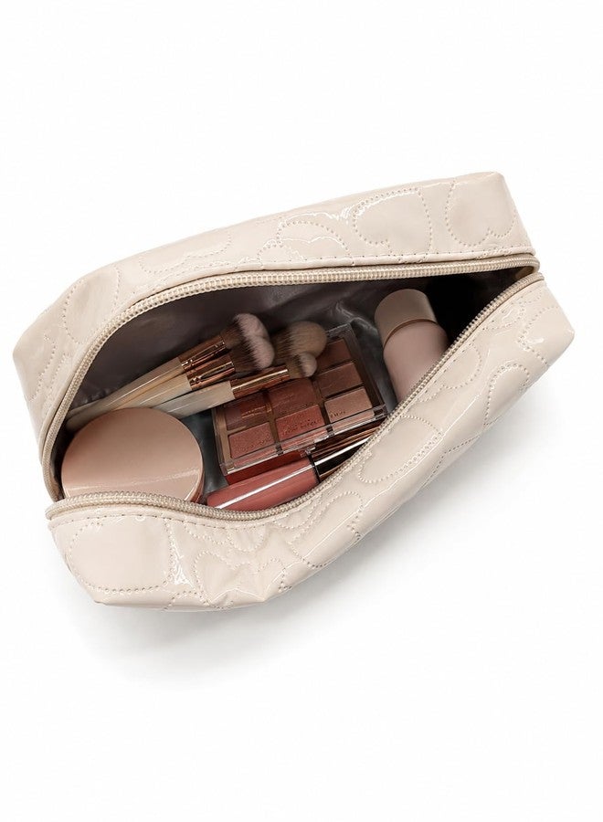 Elegant Heart Quilted Makeup Bag for Women – Travel Cosmetic Bag, Water-Resistant Makeup Organizer, Beige - Image 5