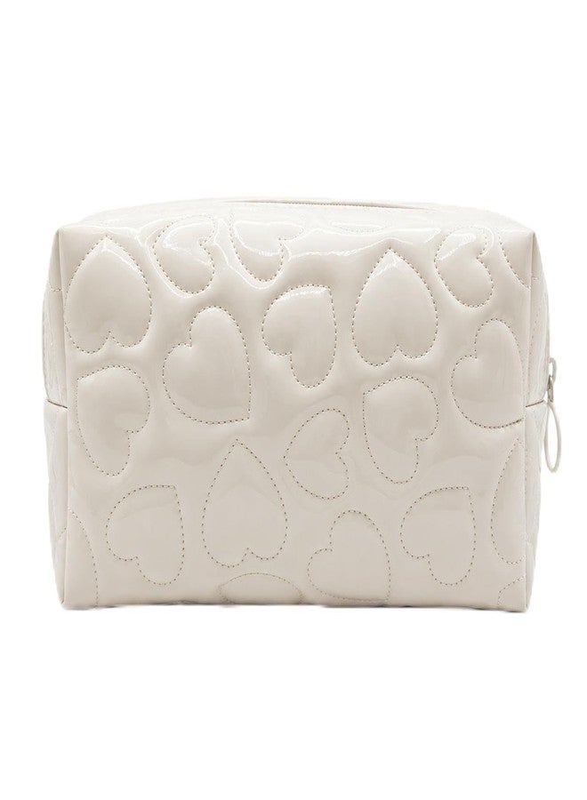 Elegant Heart Quilted Makeup Bag for Women – Travel Cosmetic Bag, Water-Resistant Makeup Organizer, Beige - Image 1