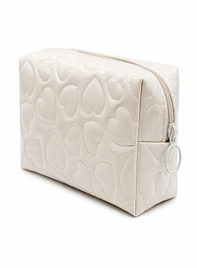 Elegant Heart Quilted Makeup Bag for Women – Travel Cosmetic Bag, Water-Resistant Makeup Organizer, Beige - Image 2