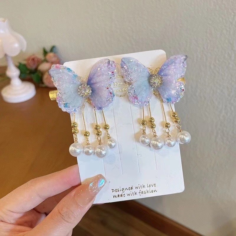 Generic New Childrens Antique Hair Accessories Flower Butterfly Antique Headwear Retro Tassel Streaming Belt Hanfu Hairpin Tang Clothing Accessories A18 Pearl L Blue Butterfly (right clip)