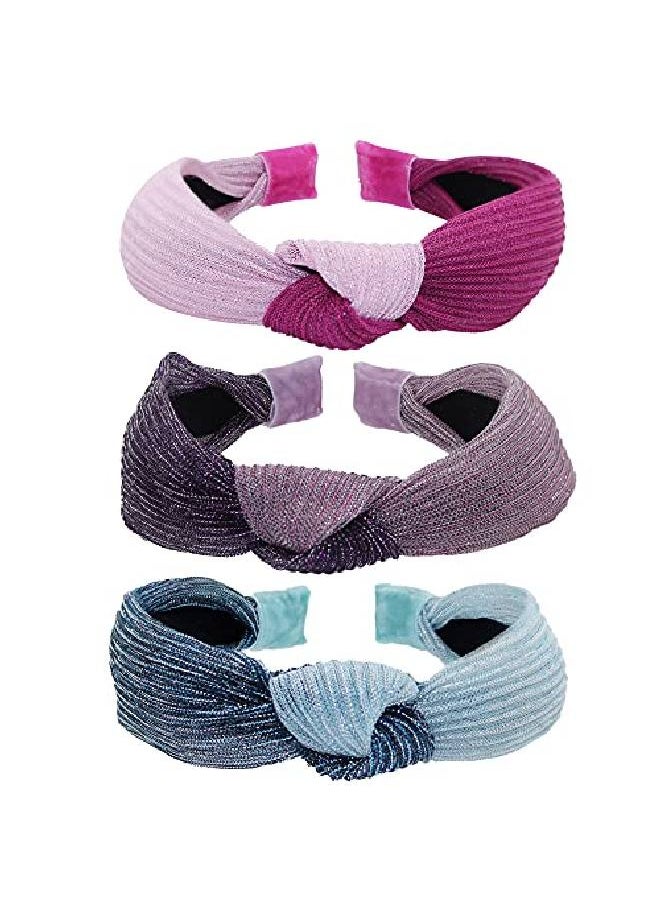 FROG SAC - 3 Top Knot Headbands For Girls Cute Knotted Headband Pack Two Tone Little Girl Head Band Fashion Hair Accessories Hard Purple Pink Blue Boho Hairband Head Bands For Kids - Image 1